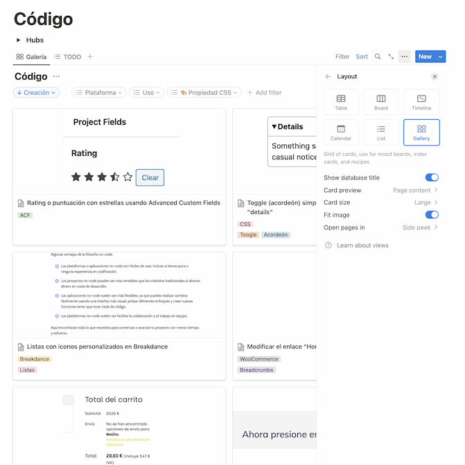 Vista de Galería en Notion